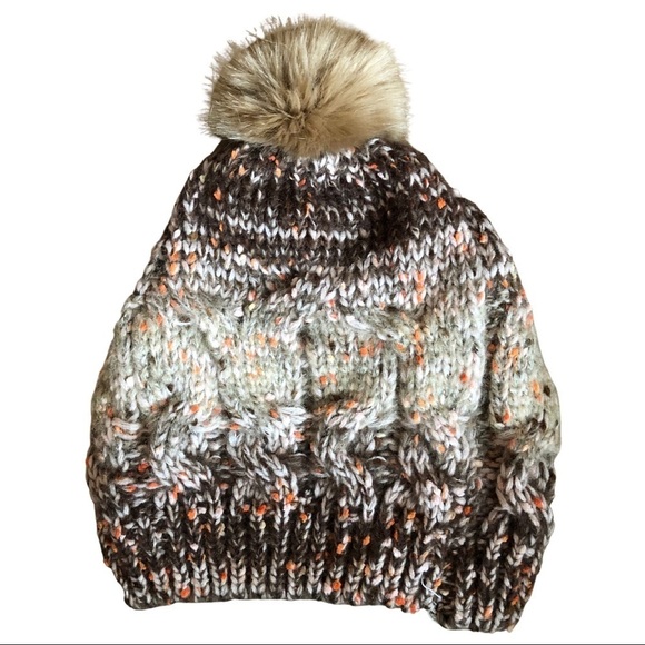 Eyeful Cable Knit Brown and Orange Lined Beanie Pom Hat - Picture 1 of 3